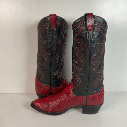 Vintage Larry Mahan Cherry Red Python Snakeskin Cowboy Boots 9.5 D Back Cut