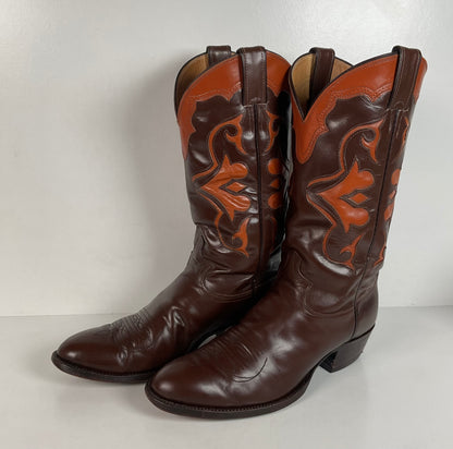 Vintage Justin Cowboy Boots | Brown Calf | Tooled Inlays | USA Made | Men’s 10 D