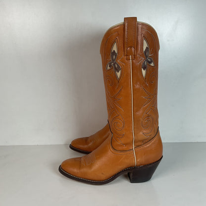 Vintage 1970s Acme Tooled Flower Inlay Cowgirl Boots 6.5 M USA Made