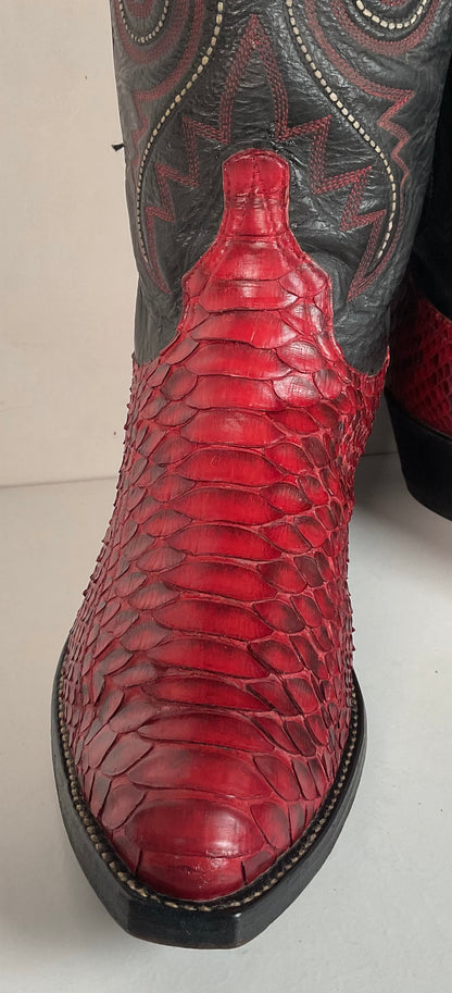Vintage Larry Mahan Cherry Red Python Snakeskin Cowboy Boots 9.5 D Back Cut