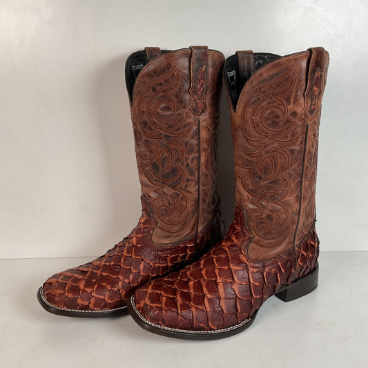 J. B. Dillon Exotic Pirarucu Cowboy Boots 11 EE Big Bass Square Toe