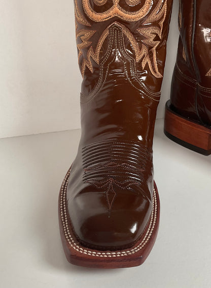 Lucchese 2000 Patent Leather Cowgirl Boots | Square Toe | Brown | USA Made | 6.5 C
