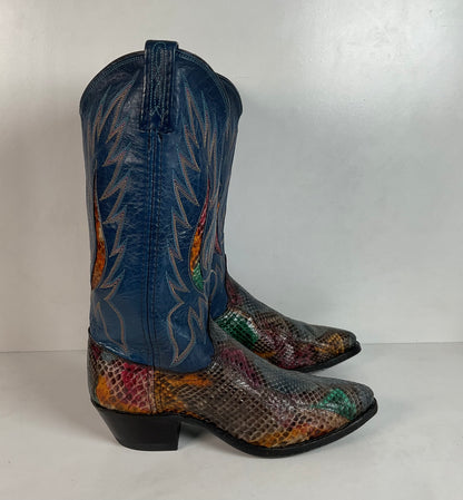 Vintage Dan Post Rainbow Python Cowgirl Boots 8 M Front Cut Tooled Inlay
