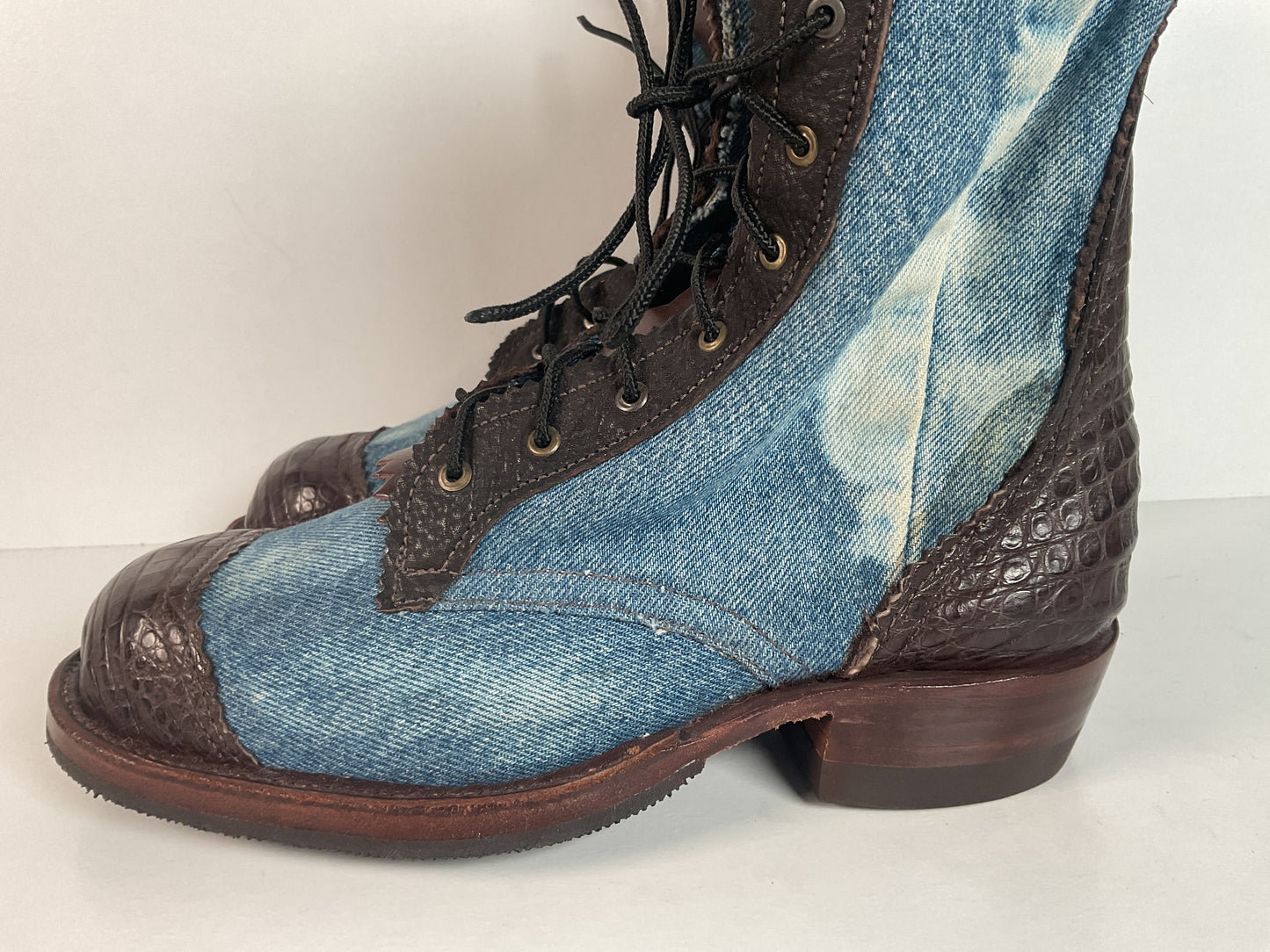 Denim Packer Boots | Caiman Cap Toe | Shark Skin Collar | Men’s 8 | Women’s 9.5