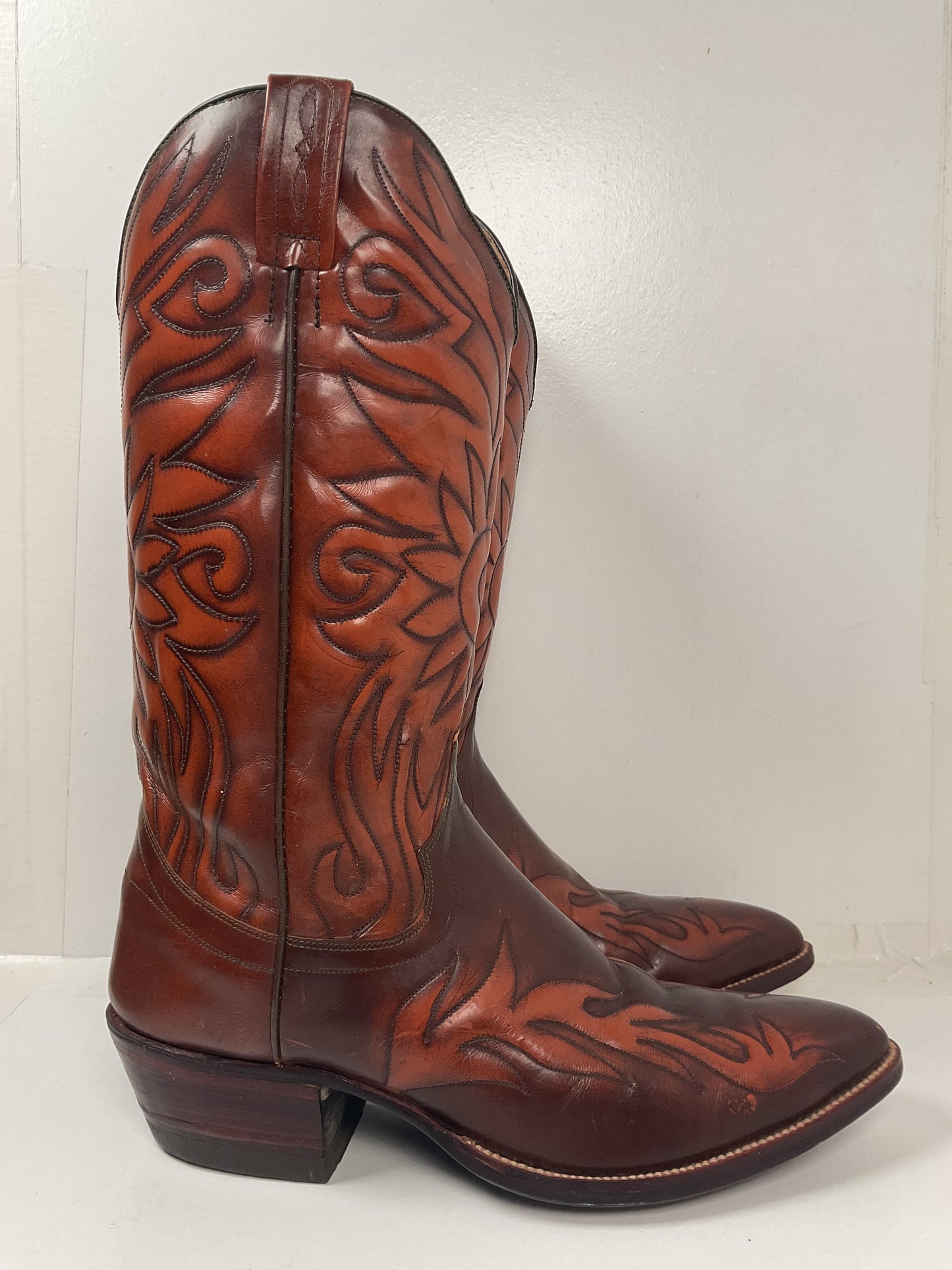 Vintage 1970s Dan Post Cowboy Boots 10.5 B Made In Spain Sunflower Stitched