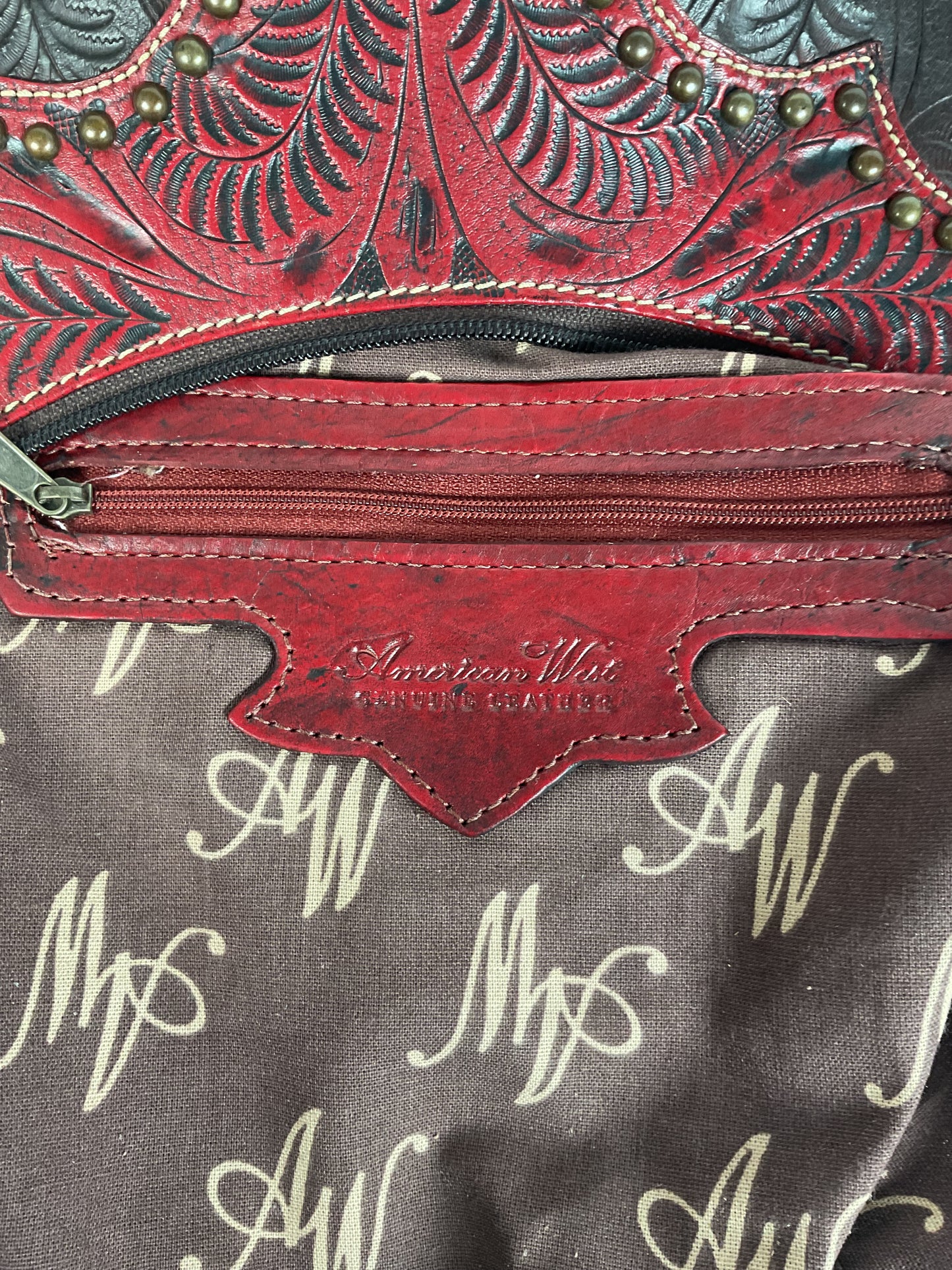 Tooled American West Purse Burgundy W/Bag Charm