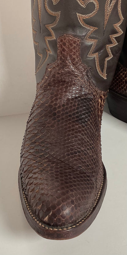 Vintage Dan Post Brown Front Cut Python Cowboy Boots 9.5 D Snakeskin USA Made