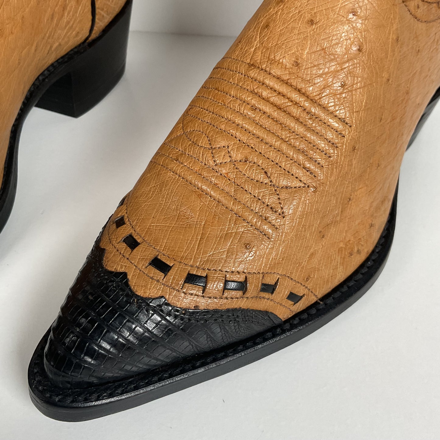 Vintage J. Chisholm Smooth Ostrich Cowboy Boots | Teju Lizard Wingtip | 8.5 EE
