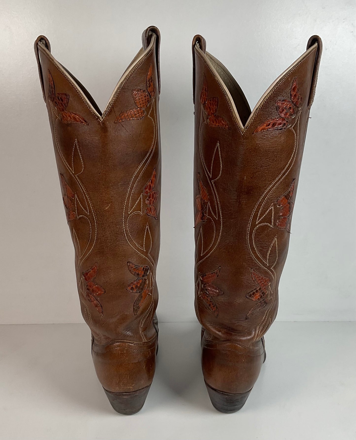 Vintage Dan Post Tall Tulip Cowgirl Boots 7.5 C Tooled Snakeskin Overlay