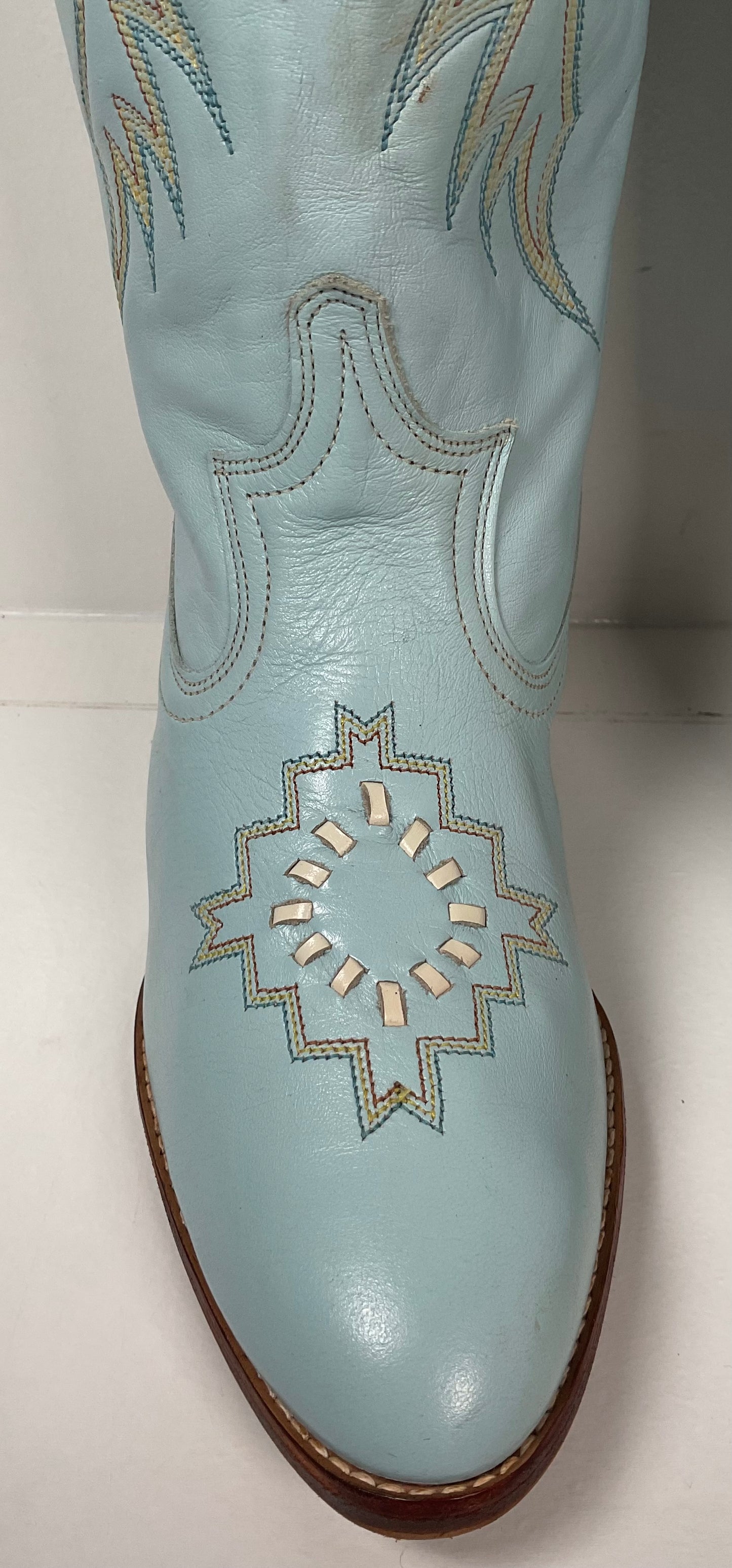 Vintage Dan Post Baby Blue Cowgirl Boots 8 M Native Design Recraft