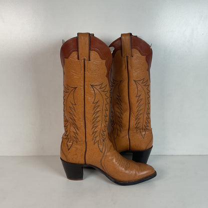 Vintage Justin Tall Cowgirl Boots 8 A Stitched Leaf Tooled Overlay