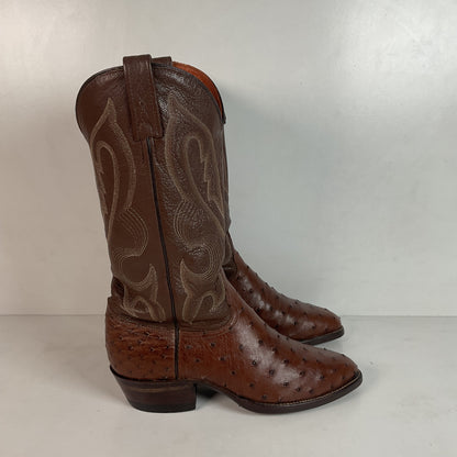 Vintage J Chisholm Exotic Full Quill Ostrich Cowboy Boots 8 D Brown USA Made