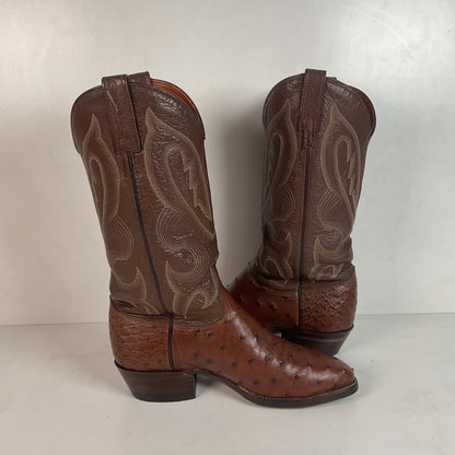 Vintage J Chisholm Exotic Full Quill Ostrich Cowboy Boots 8 D Brown USA Made