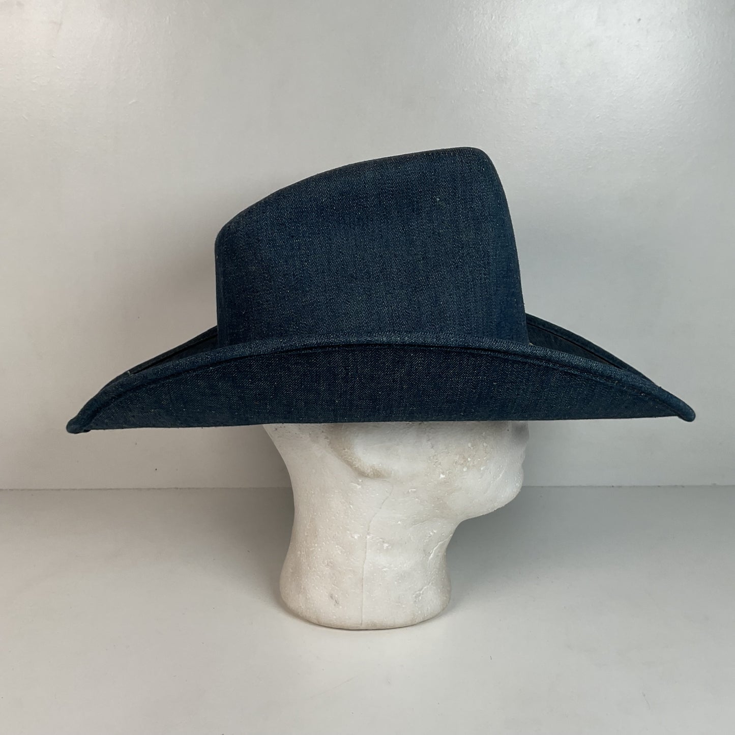 Vintage Blue Denim Cowboy Hat Large USA Union Made Brass Horse Accent
