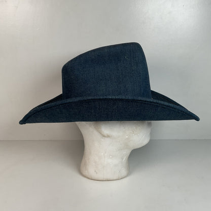 Vintage Blue Denim Cowboy Hat Large USA Union Made Brass Horse Accent