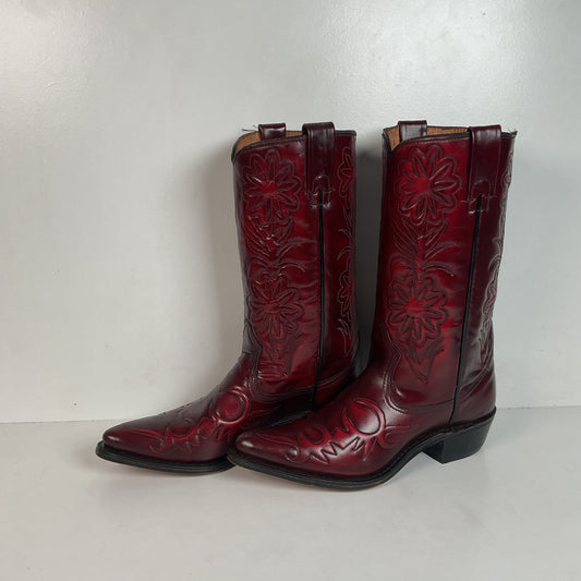 Vintage Texas Brand Cranberry Floral Cowgirl Boots 7 M USA Made Patent Leather