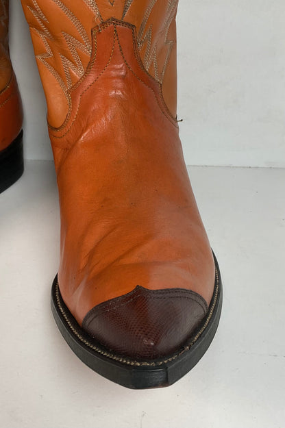 1960s Cowtown Handmade Cowboy Boots 13 D Pumpkin Orange Lizard Wingtip