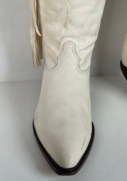 Vintage Zodiac Native Fringe Cowgirl Boots | USA Made | White | Women’s 9 M