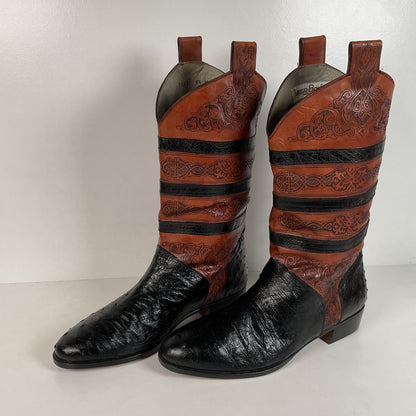 Vintage Lorenzo Banfi Ostrich Quill Bucket Boots | Tooled | Exotic | Men’s 9.5 M