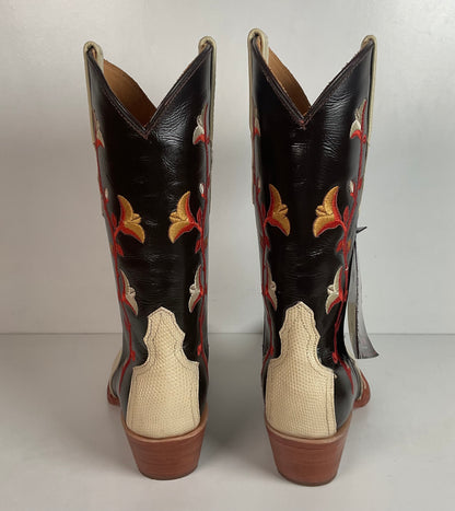 Los Altos Tulip Flower Cowgirl Boots 8 M Crème Lizard Vamp