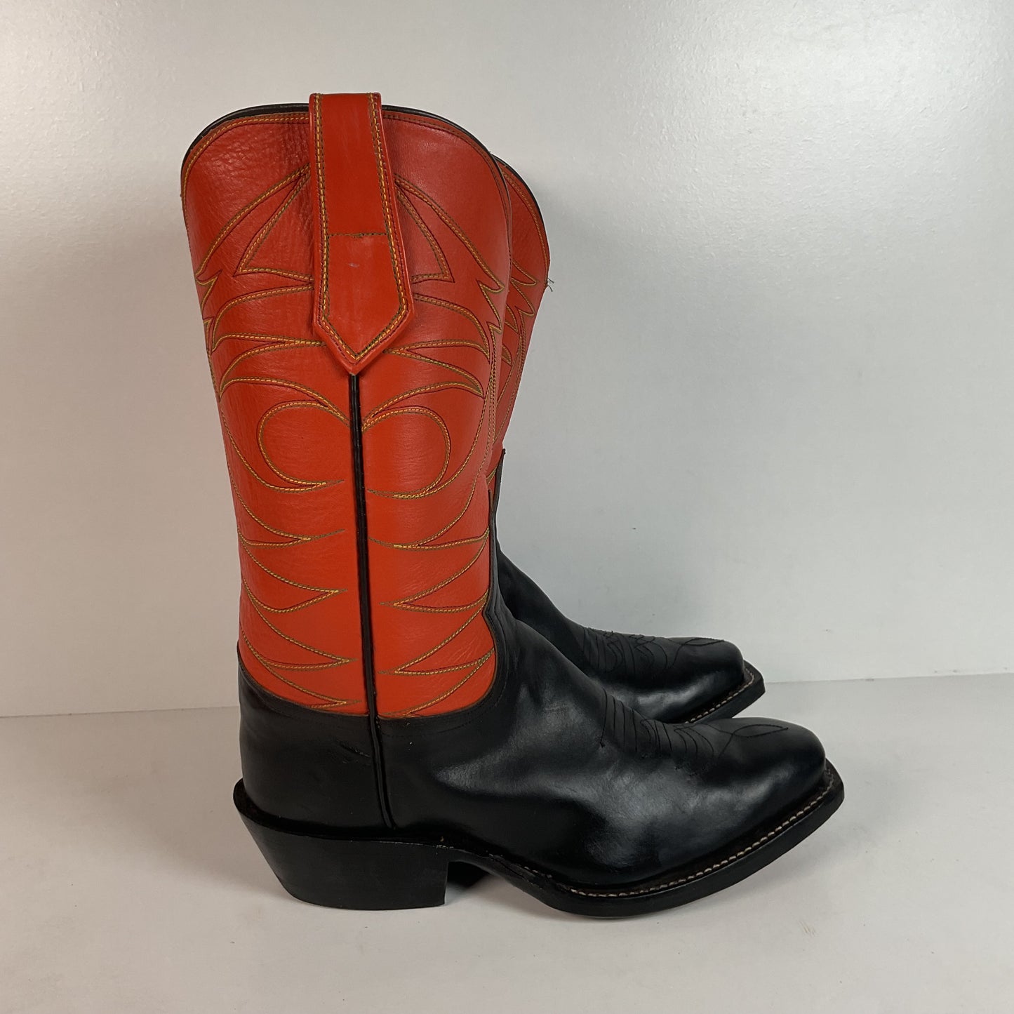 Custom Square Toe Cowboy Boots | Orange Shaft | Black Calf Vamp | Men’s 11 Wide