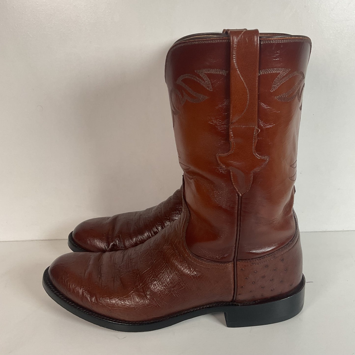 Vintage Lucchese Handmade Smooth Cigar Ostrich Roper Boots 10 D Exotic Cowboy