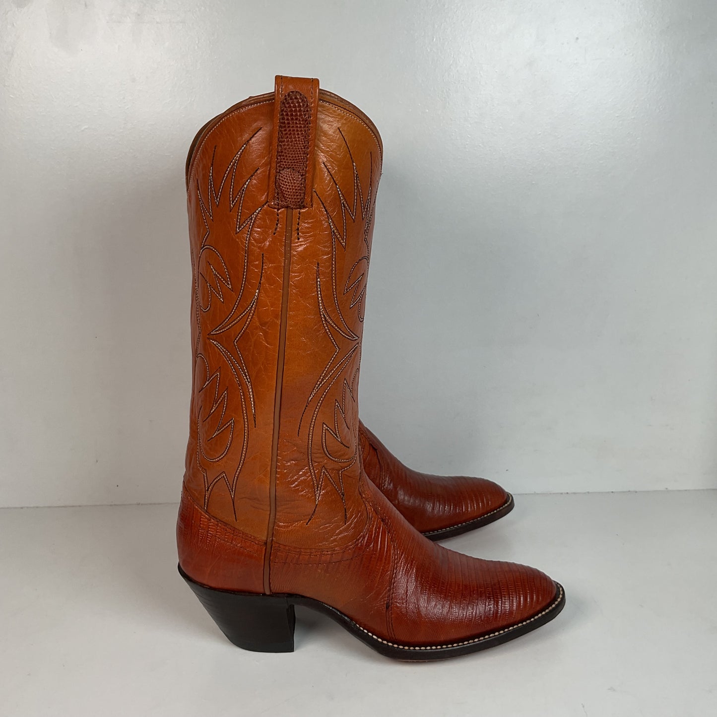 Vintage Dan Post Golden Spur Cowgirl Boots 7.5 C USA Made Lizard Teju