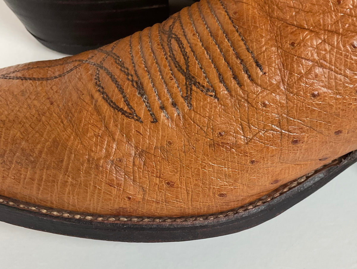 Vintage Dan Post Smooth Ostrich Cowboy Boots | Exotic | Tooled Overlay | 10.5 D