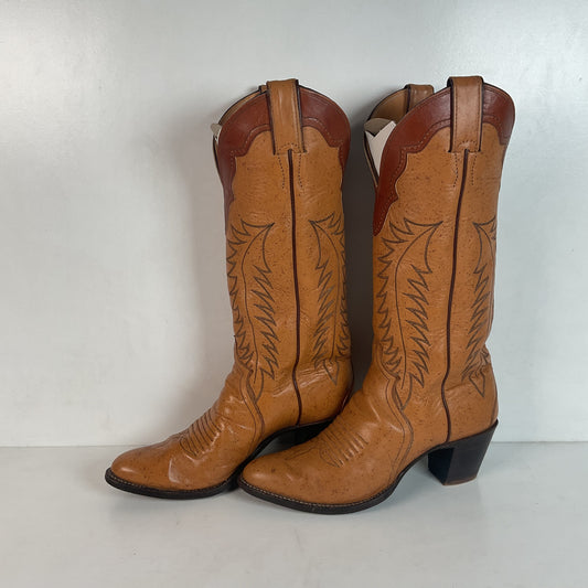 Vintage Justin Tall Cowgirl Boots 8 A Stitched Leaf Tooled Overlay