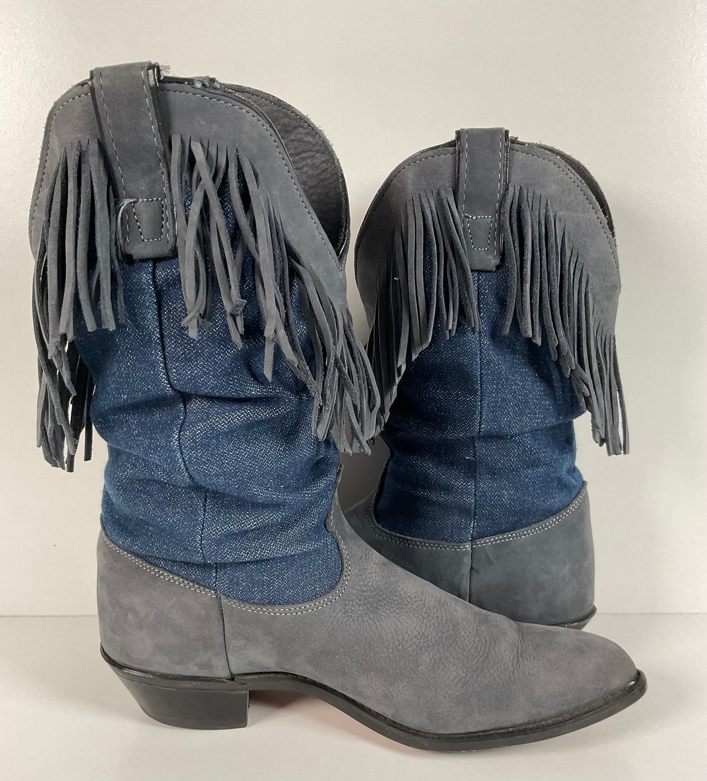 Vintage Wrangler Denim Fringe Cowgirl Boots 8.5 M USA Made Shorty