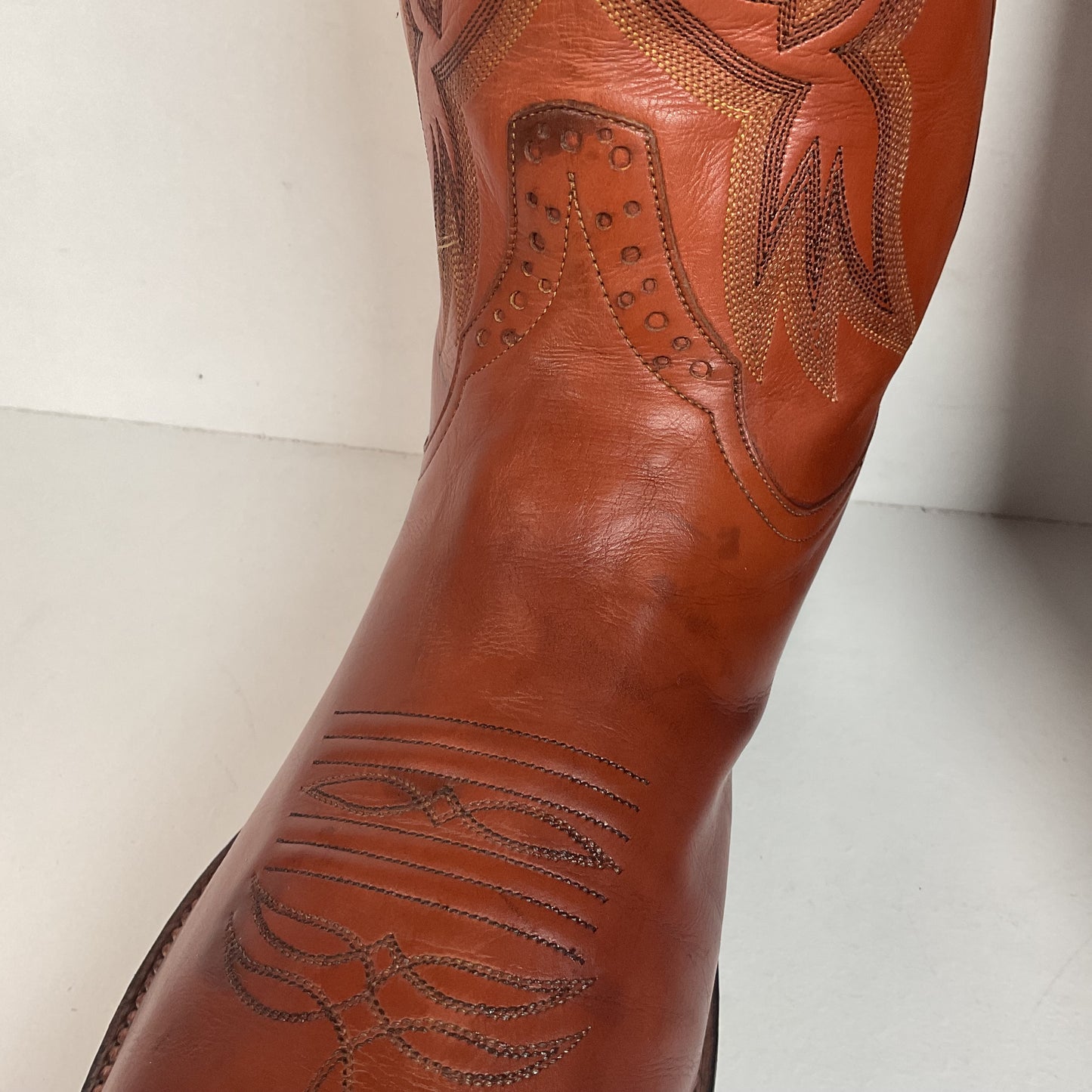 Rios of Mercedes Brown Calfskin Leather Cowboy Boots 13 A (Extra Narrow) Thrashed