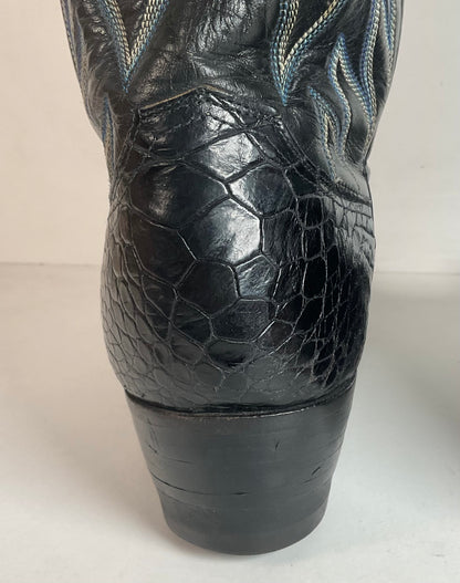Vintage 1960s Justin Black Sea Turtle Cowboy Boots 10 D USA Made Fort Worth Label Pre-Ban
