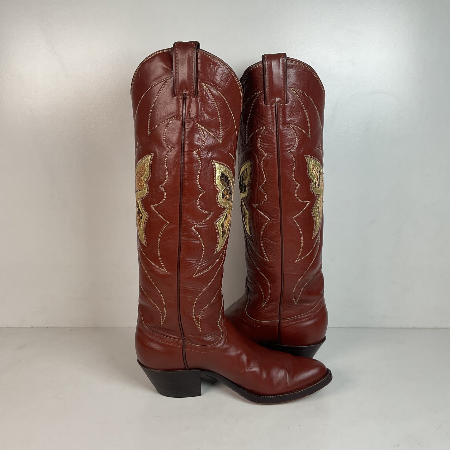 Vintage Justin Tall Butterfly Inlay Cowgirl Boots 6.5 C Snakeskin 70s