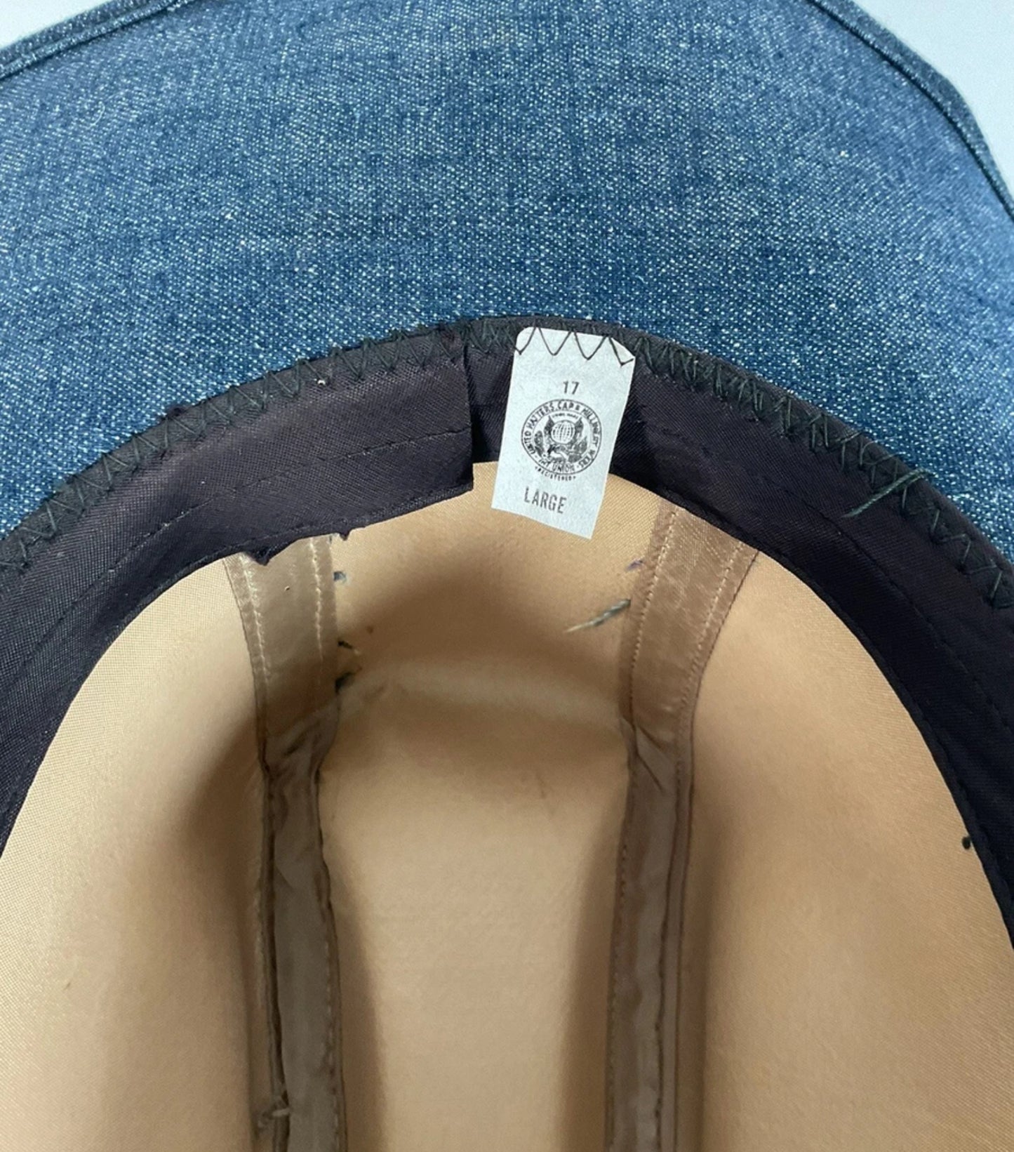 Vintage Blue Denim Cowboy Hat Large USA Union Made Brass Horse Accent