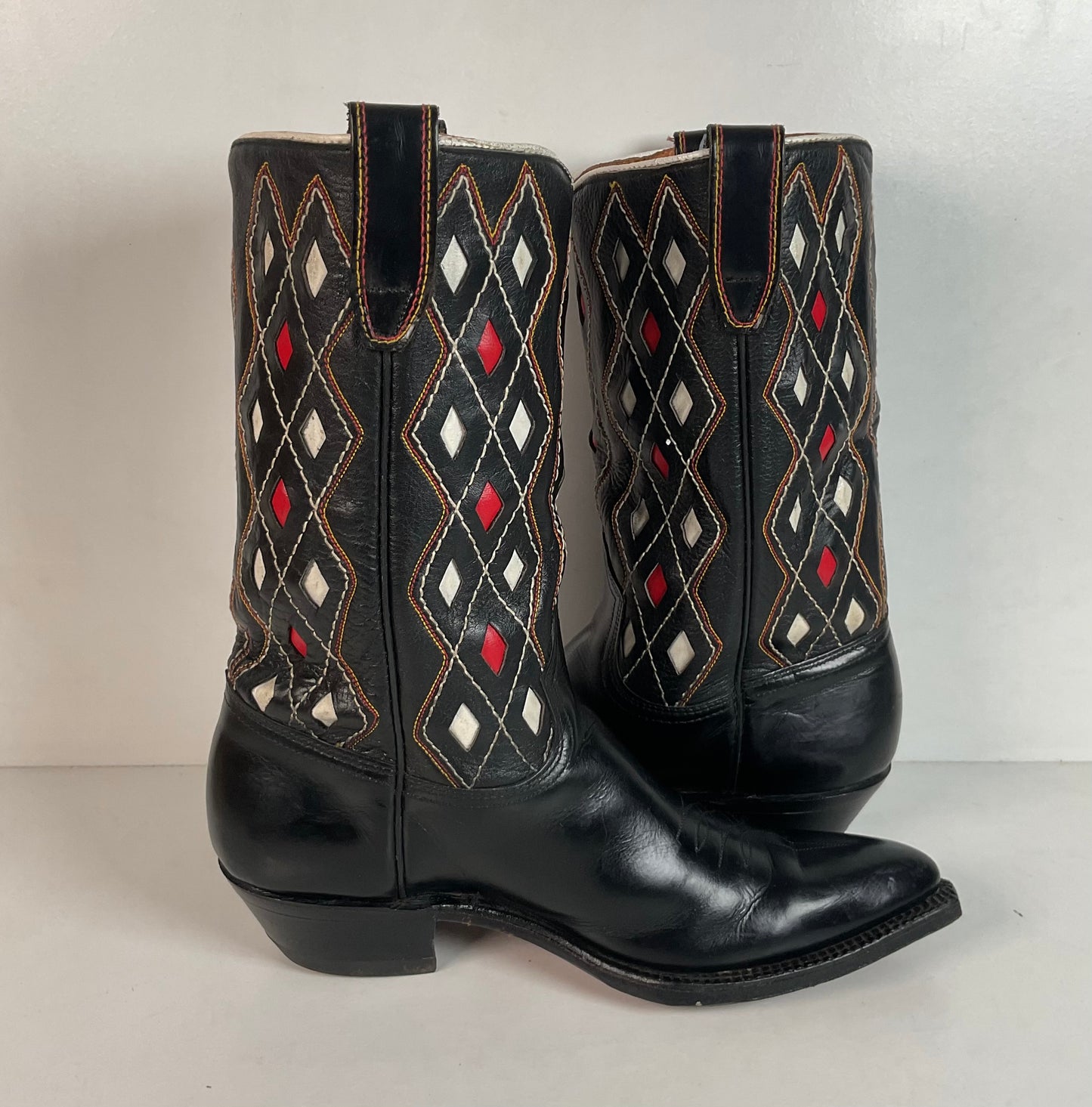 Vintage 1960s ACME Tooled Diamond Inlay Leather Cowboy Boots 8 D Old Label USA Made