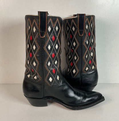 Vintage 1960s ACME Tooled Diamond Inlay Leather Cowboy Boots 8 D Old Label USA Made