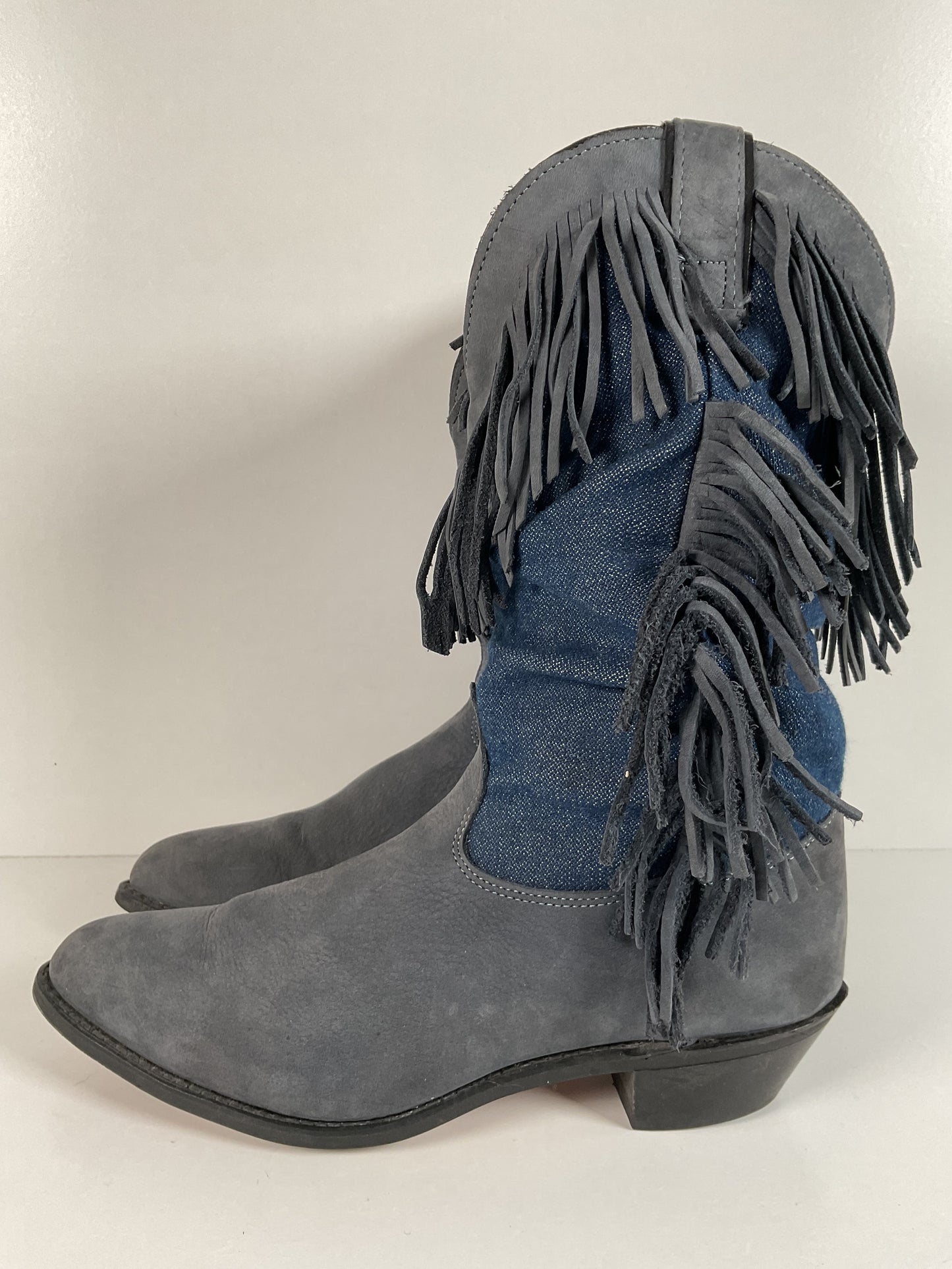 Vintage Wrangler Denim Fringe Cowgirl Boots 8.5 M USA Made Shorty