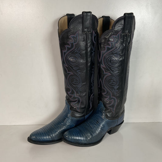 Vintage Justin Tall Blue Lizard Cowgirl Boots 6.5 B USA Made Recraft