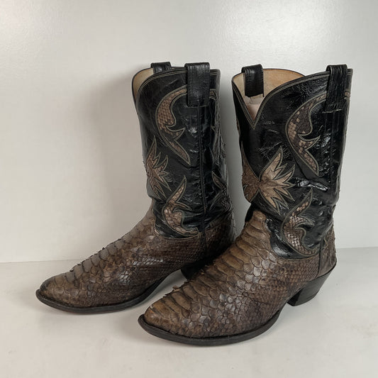 Vintage Olathe Python Snakeskin Cowboy Boots | Distressed | Tooled Inlay | 13 EE