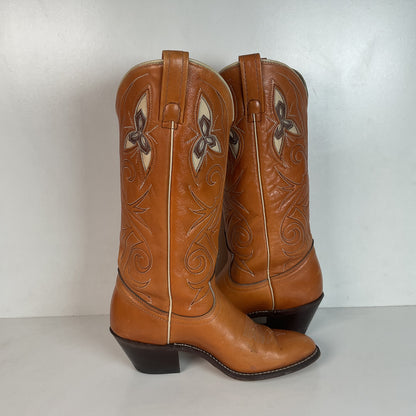 Vintage 1970s Acme Tooled Flower Inlay Cowgirl Boots 6.5 M USA Made