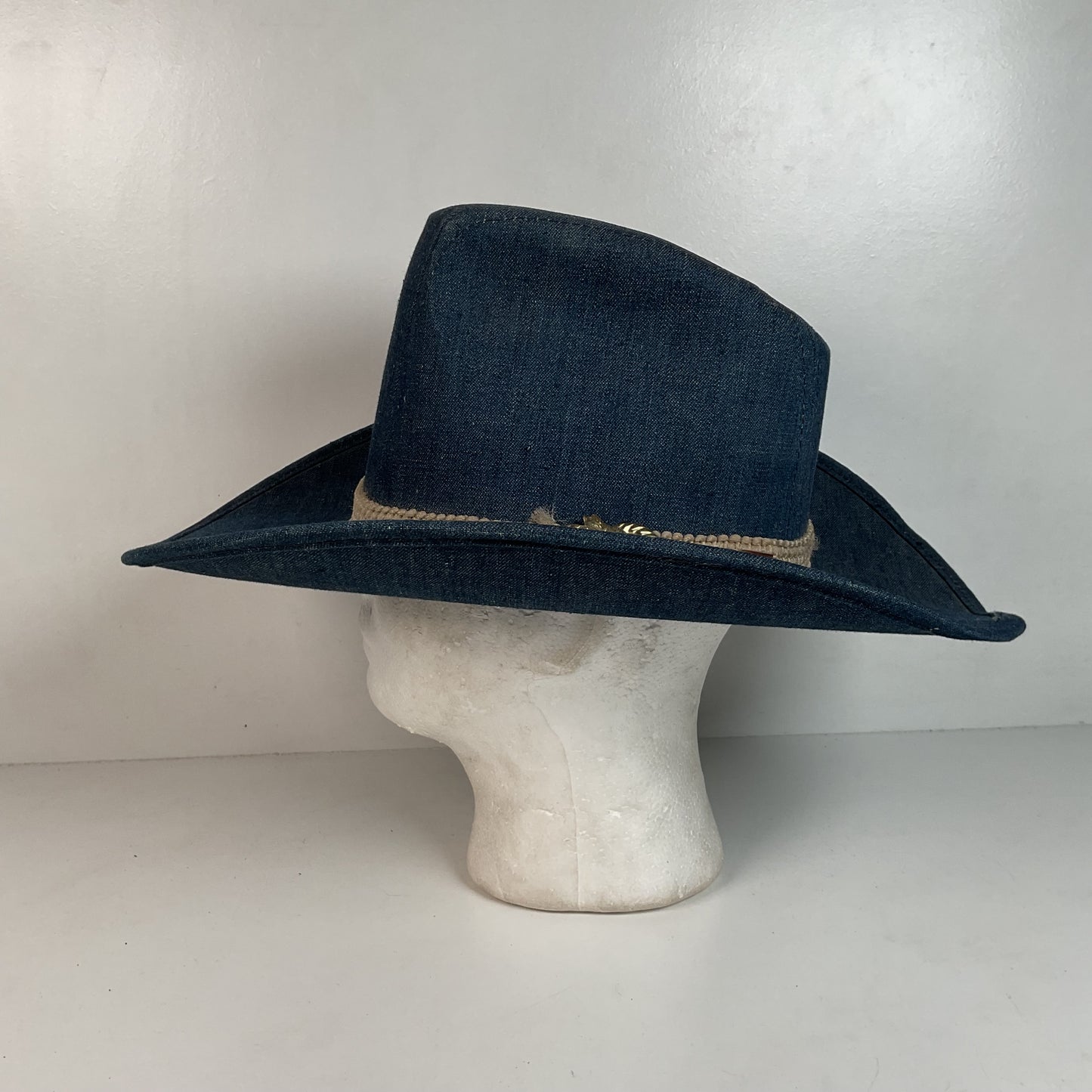 Vintage Blue Denim Cowboy Hat Large USA Union Made Brass Horse Accent