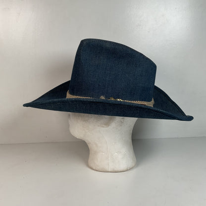 Vintage Blue Denim Cowboy Hat Large USA Union Made Brass Horse Accent