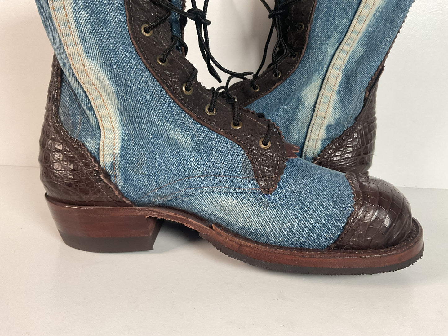 Denim Packer Boots | Caiman Cap Toe | Shark Skin Collar | Men’s 8 | Women’s 9.5