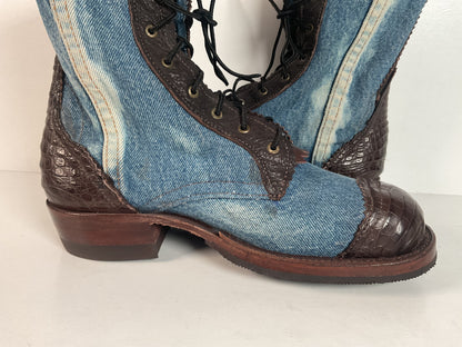 Denim Packer Boots | Caiman Cap Toe | Shark Skin Collar | Men’s 8 | Women’s 9.5
