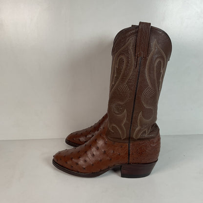 Vintage J Chisholm Exotic Full Quill Ostrich Cowboy Boots 8 D Brown USA Made