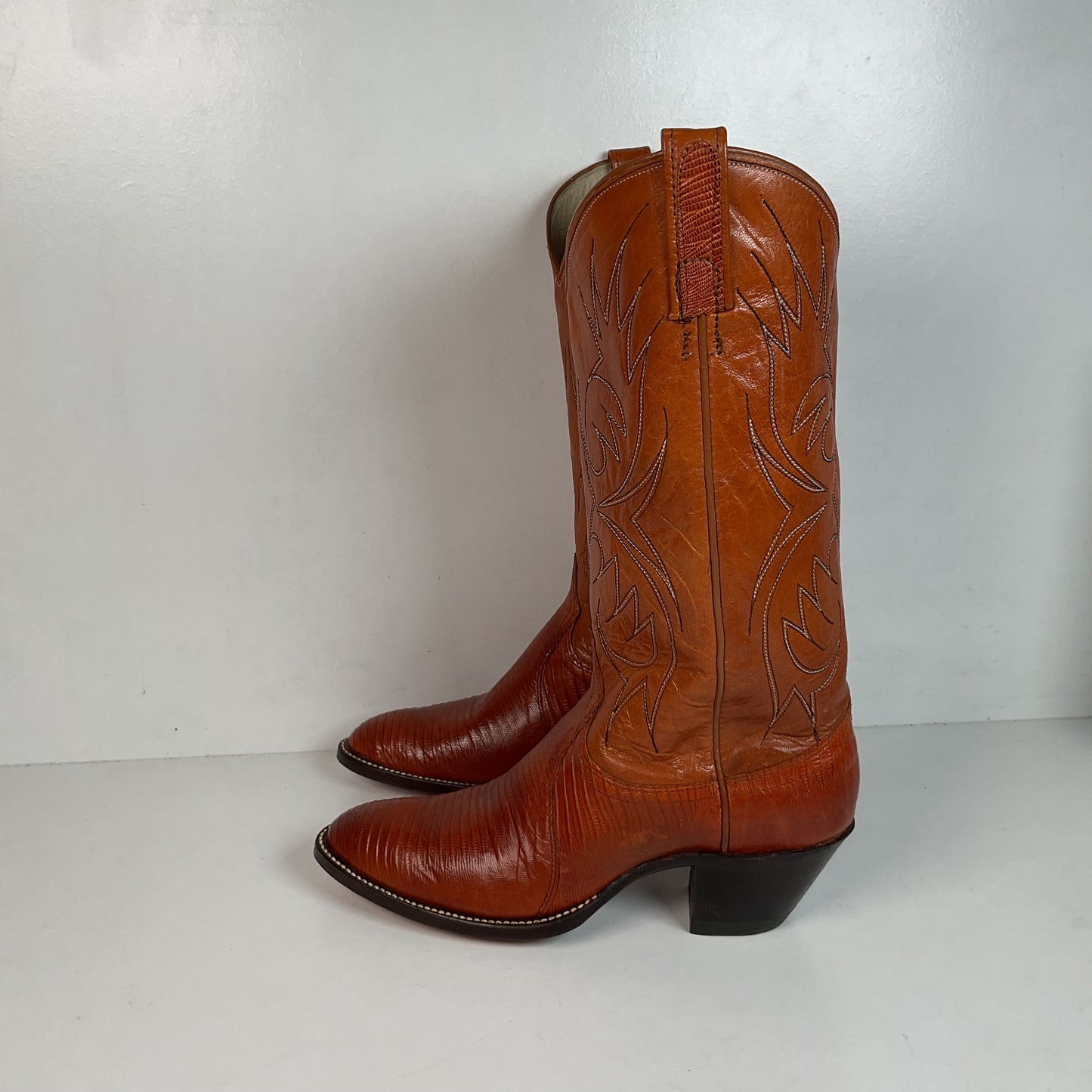 Vintage Dan Post Golden Spur Cowgirl Boots 7.5 C USA Made Lizard Teju
