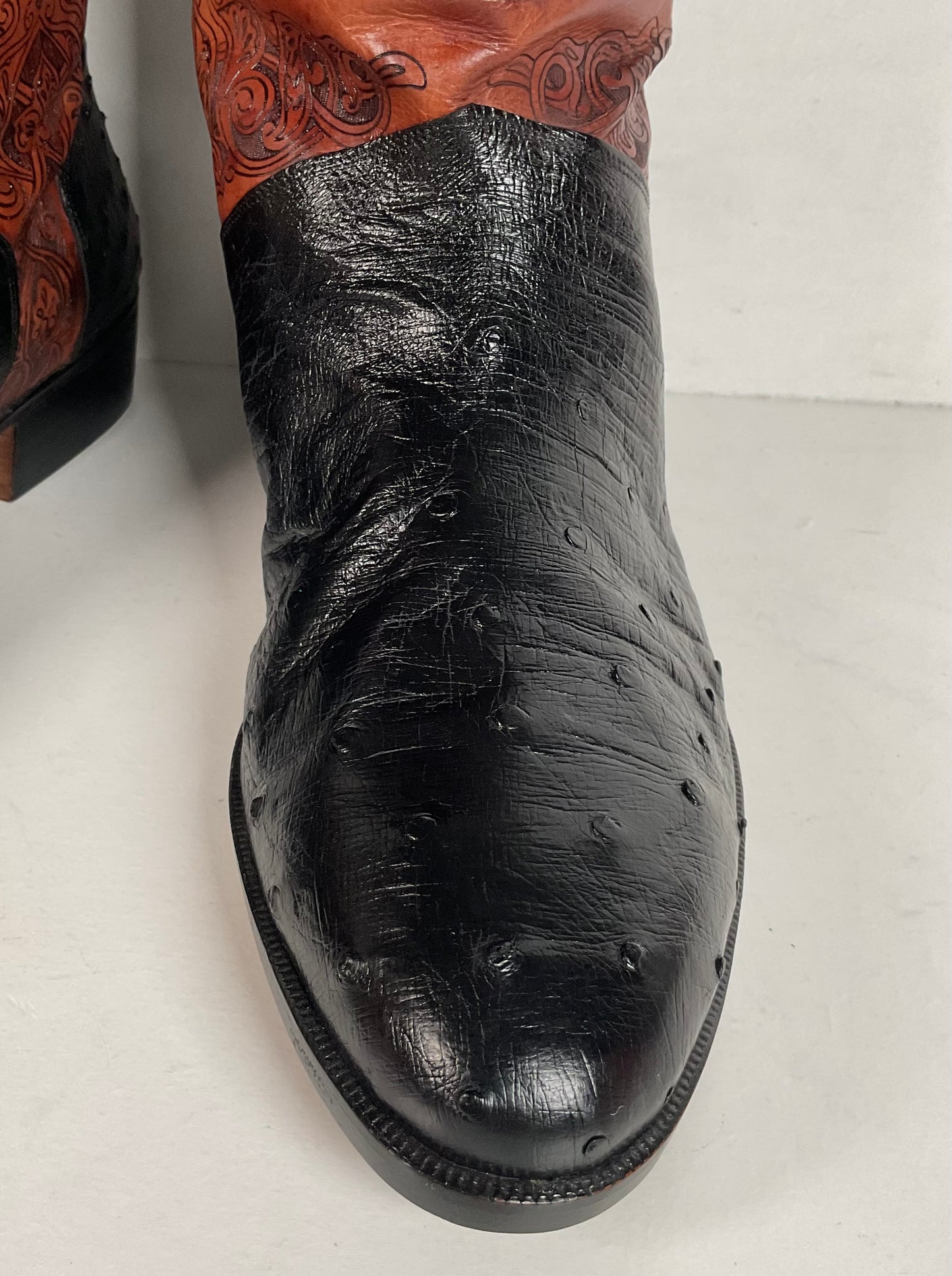 Vintage Lorenzo Banfi Ostrich Quill Bucket Boots | Tooled | Exotic | Men’s 9.5 M