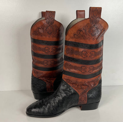 Vintage Lorenzo Banfi Ostrich Quill Bucket Boots | Tooled | Exotic | Men’s 9 M