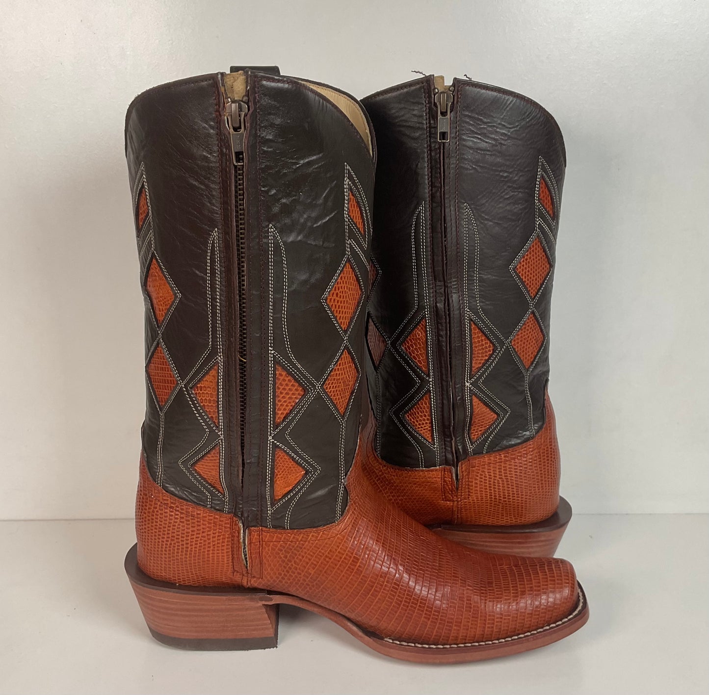 Serna Custom Cowboy Zipper Boots 10 Lizard Vamp, Tooled Inlay