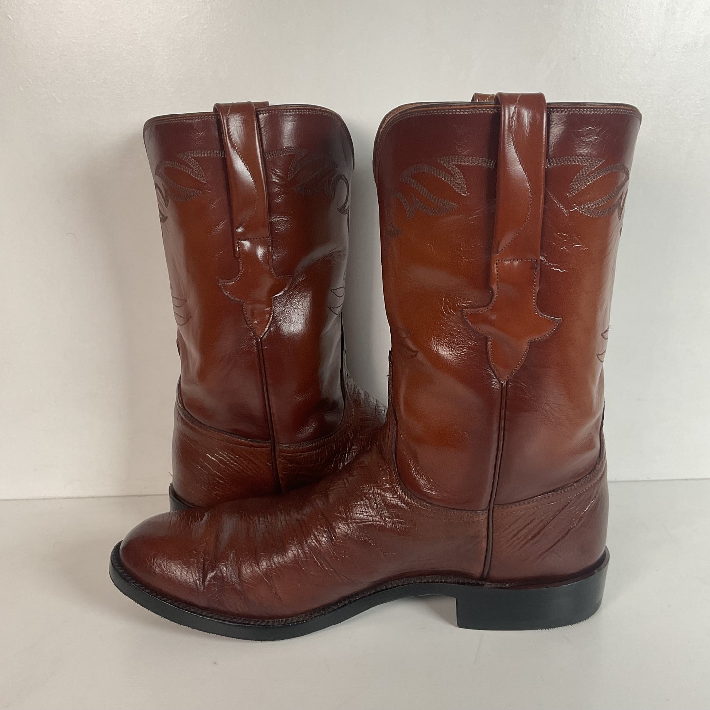 Vintage Lucchese Handmade Smooth Cigar Ostrich Roper Boots 10 D Exotic Cowboy